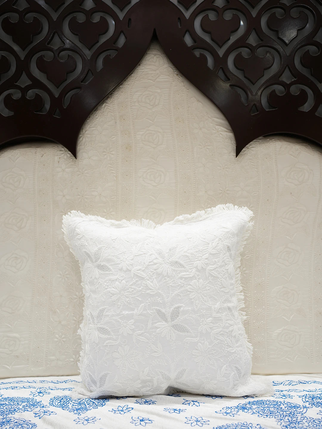 Ada Hand Embroidered White Cotton Lucknowi Chikankari Cushion Cover With Zari Work 01A502967