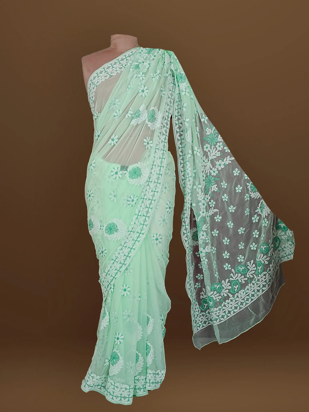 Ada Hand Embroidered Sea Green Georgette Lucknowi Chikankari Saree With Blouse 01A573548