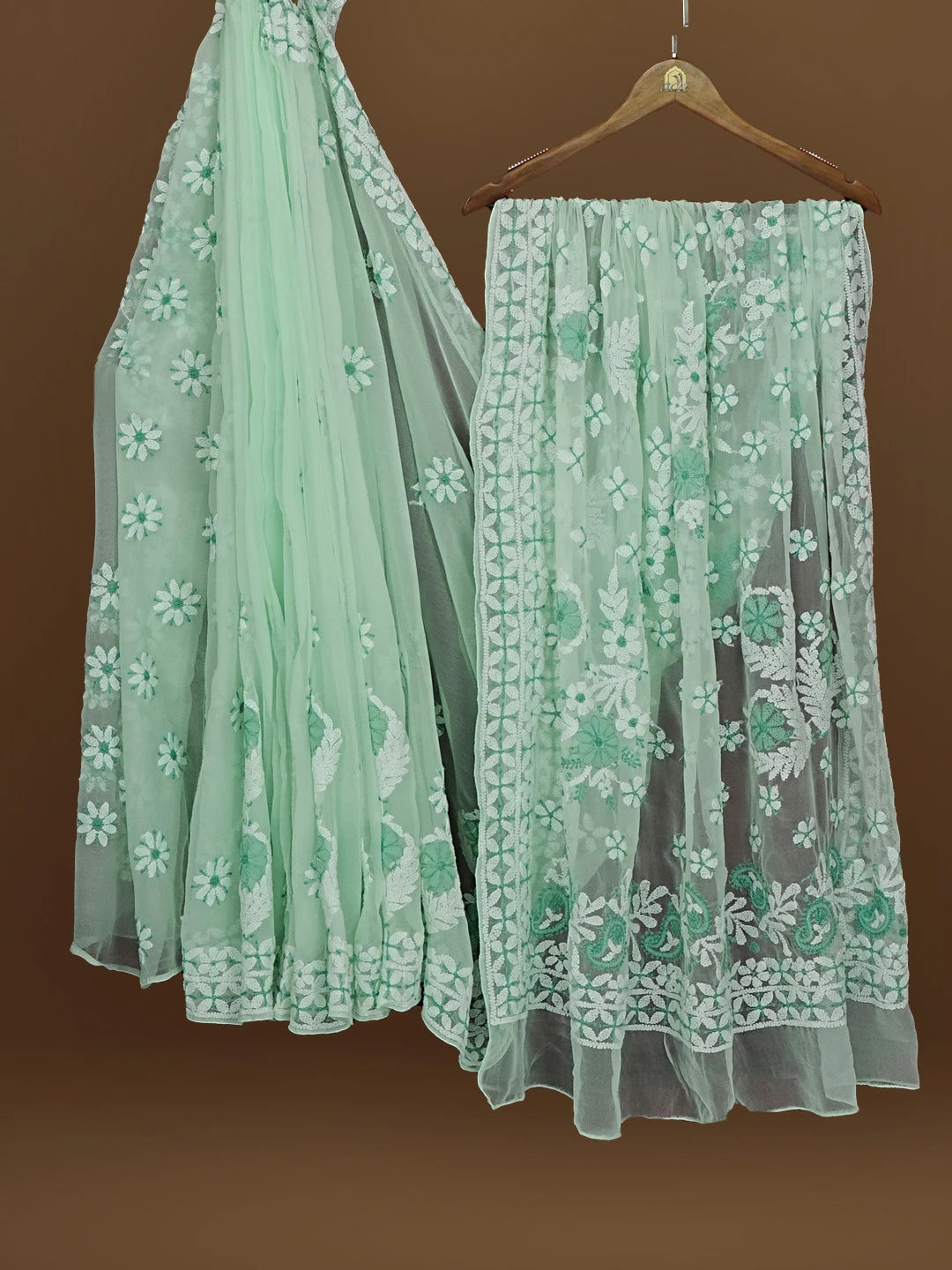 Ada Hand Embroidered Sea Green Georgette Lucknowi Chikankari Saree With Blouse 01A573548