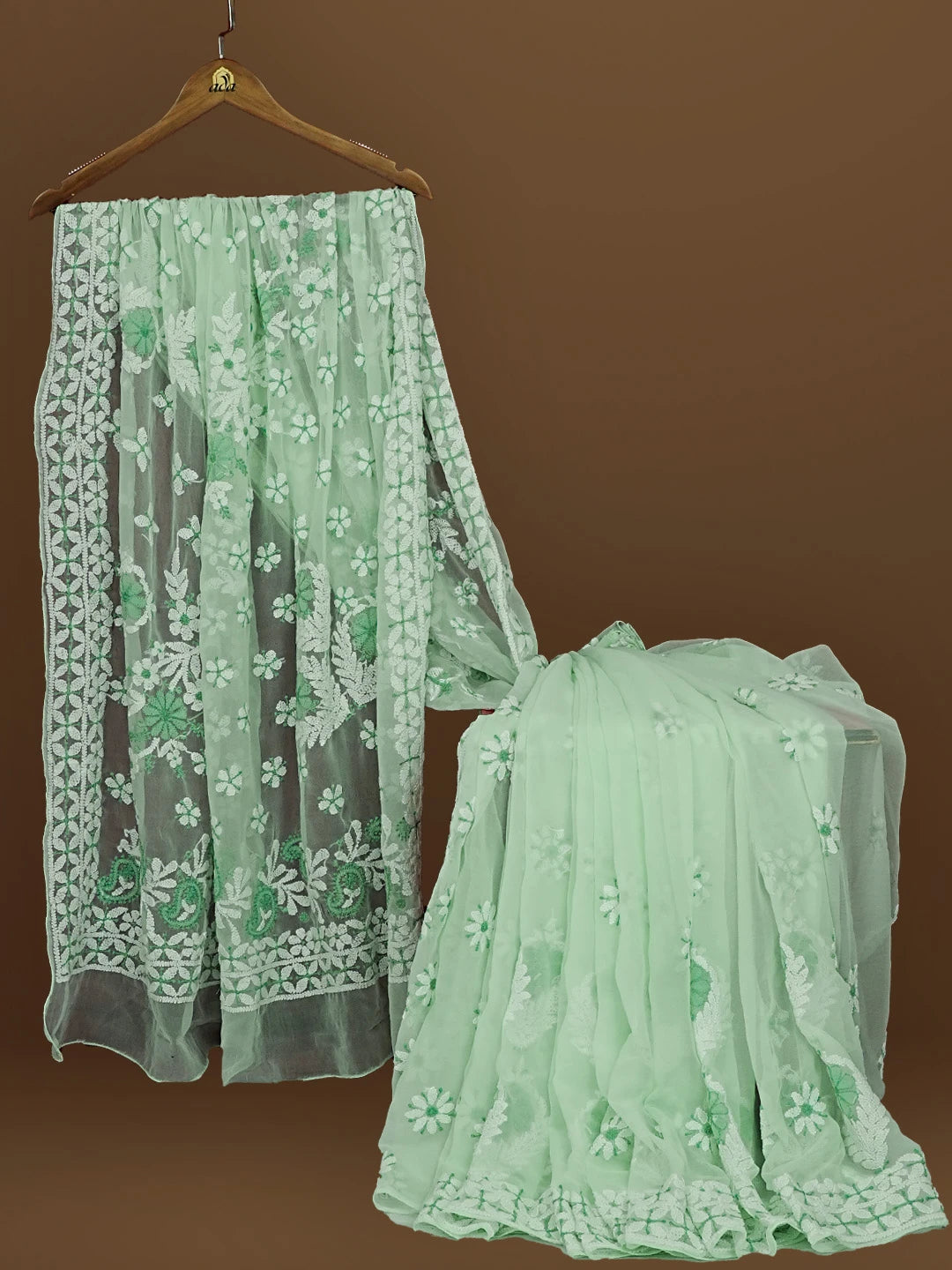 Ada Hand Embroidered Sea Green Georgette Lucknowi Chikankari Saree With Blouse 01A573548