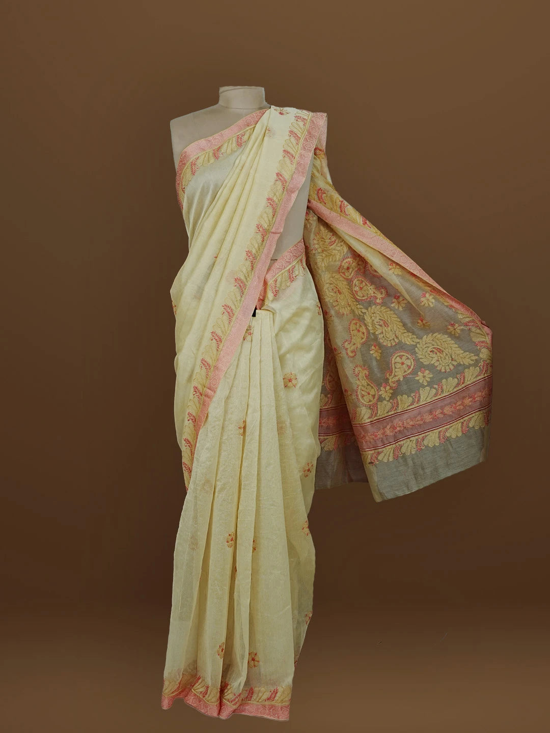 Ada Hand Embroidered Fawn Chanderi Lucknowi Chikankari Saree With Blouse 01A572808