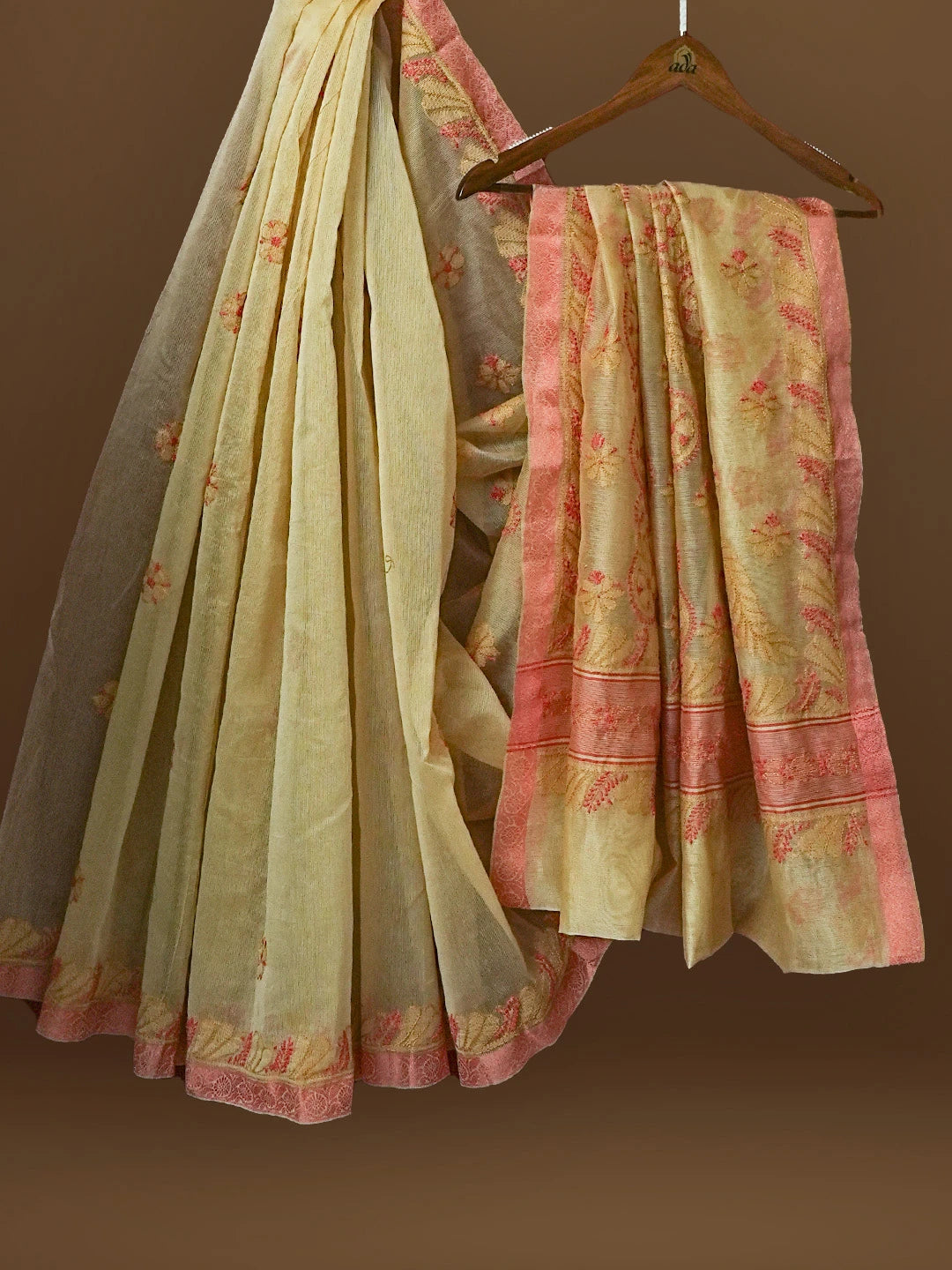Ada Hand Embroidered Fawn Chanderi Lucknowi Chikankari Saree With Blouse 01A572808