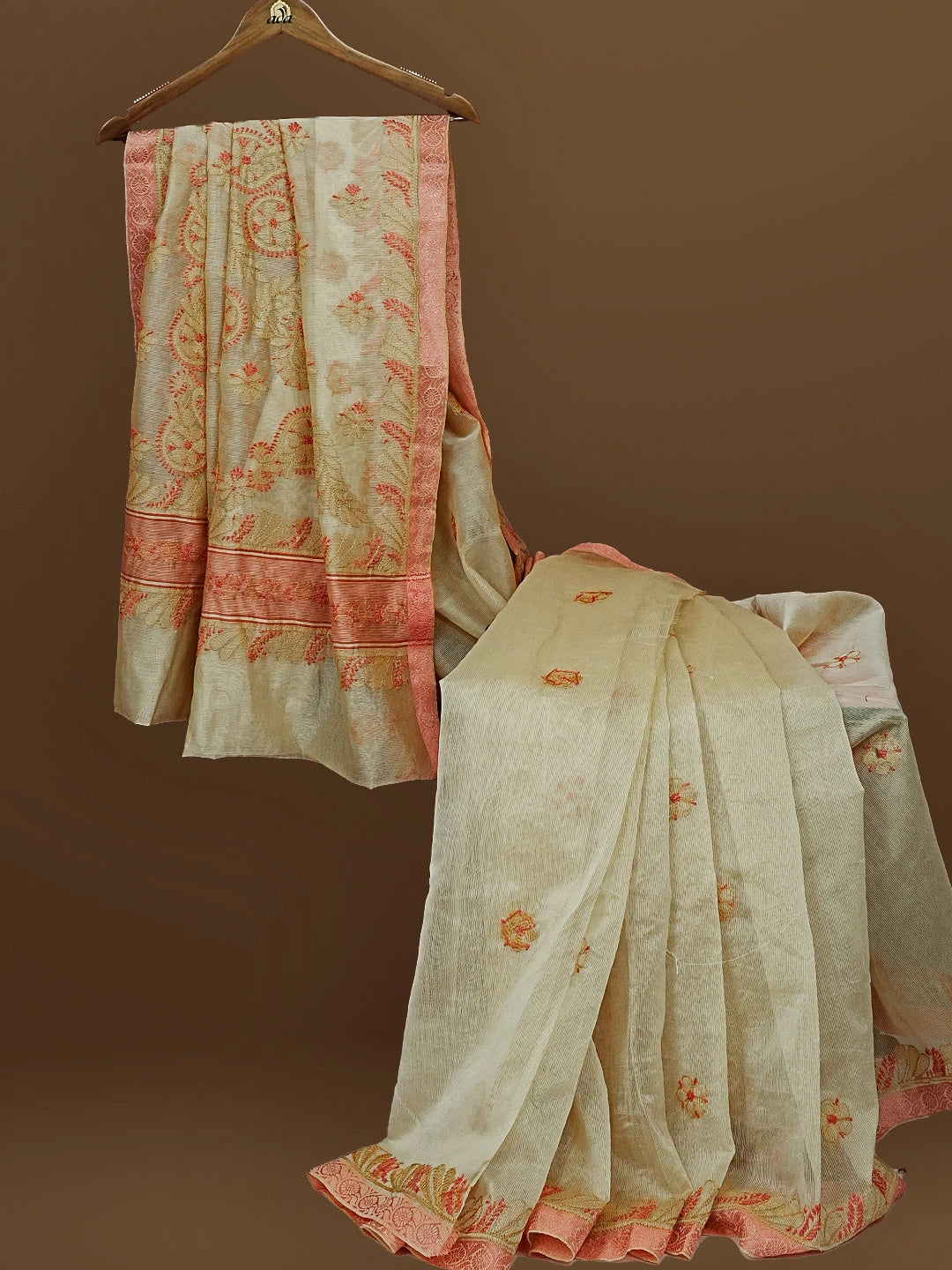 Ada Hand Embroidered Fawn Chanderi Lucknowi Chikankari Saree With Blouse 01A572808
