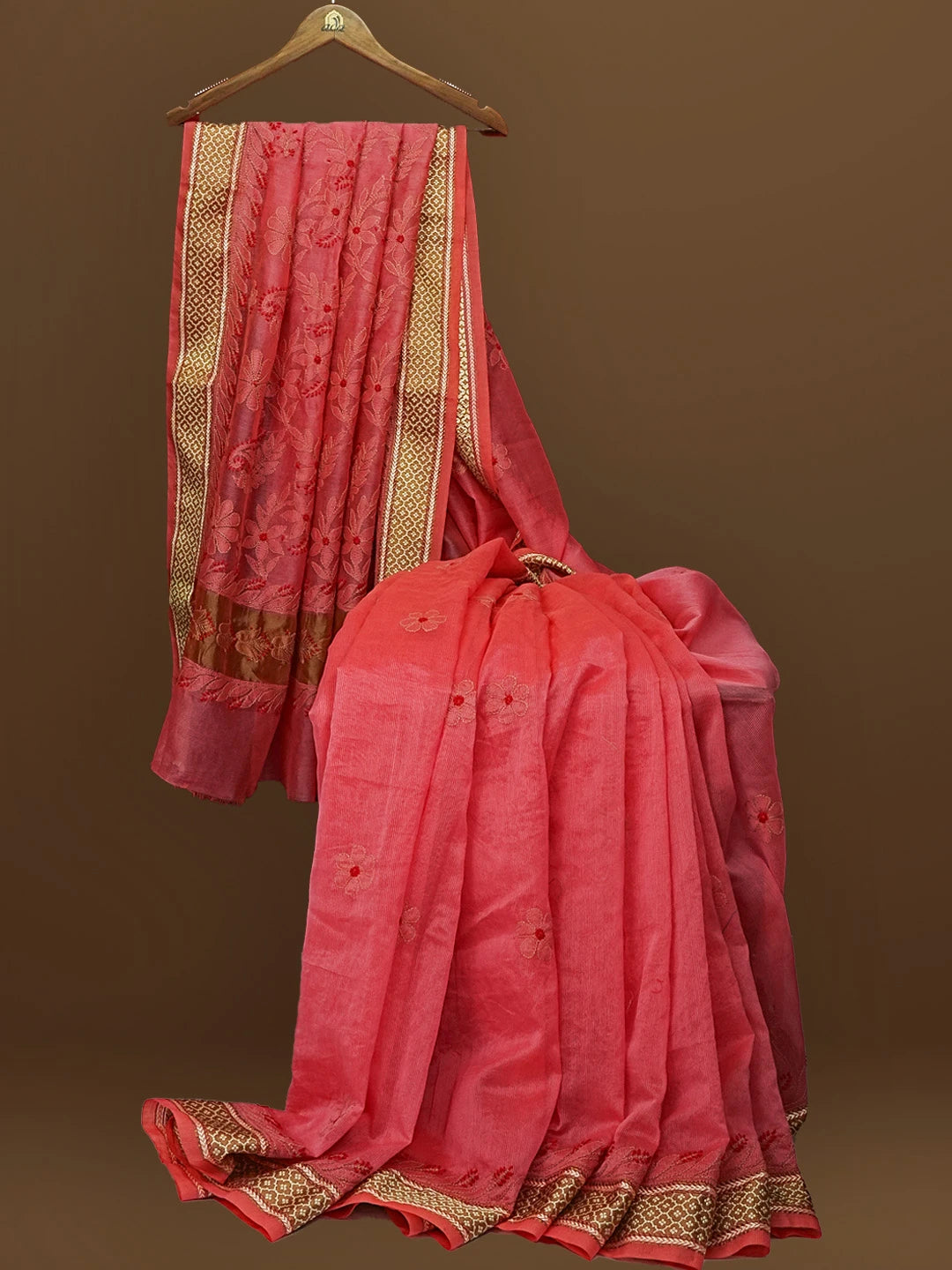 Ada Hand Embroidered Carrot Pink Kota Chanderi Lucknowi Chikankari Saree With Blouse 01A572802