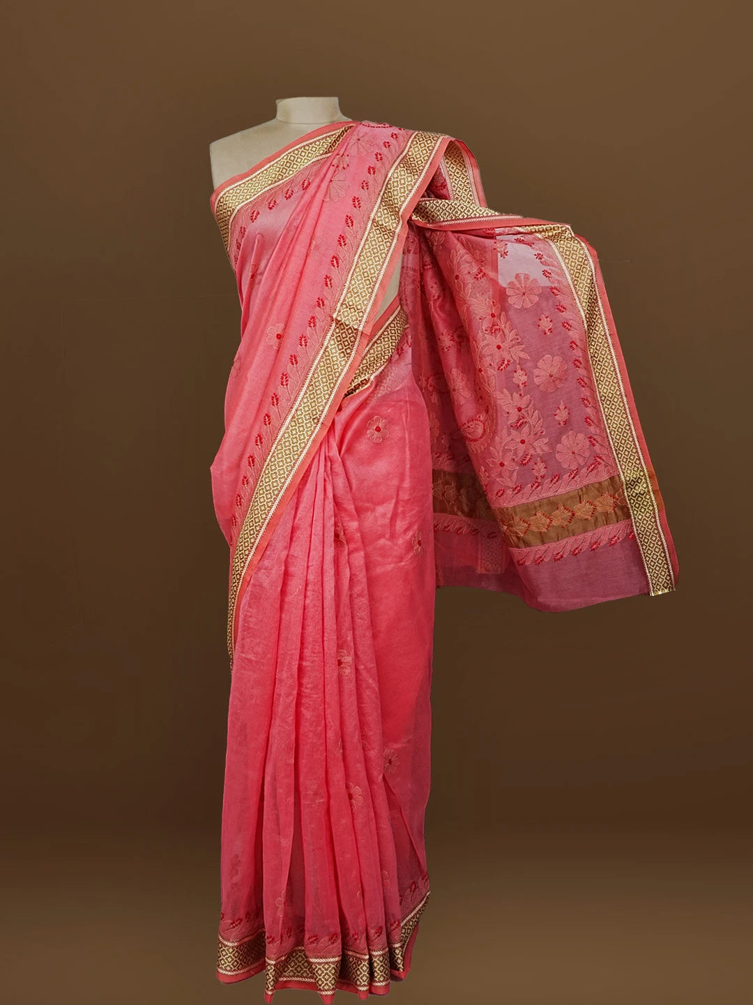 Ada Hand Embroidered Carrot Pink Kota Chanderi Lucknowi Chikankari Saree With Blouse 01A572802