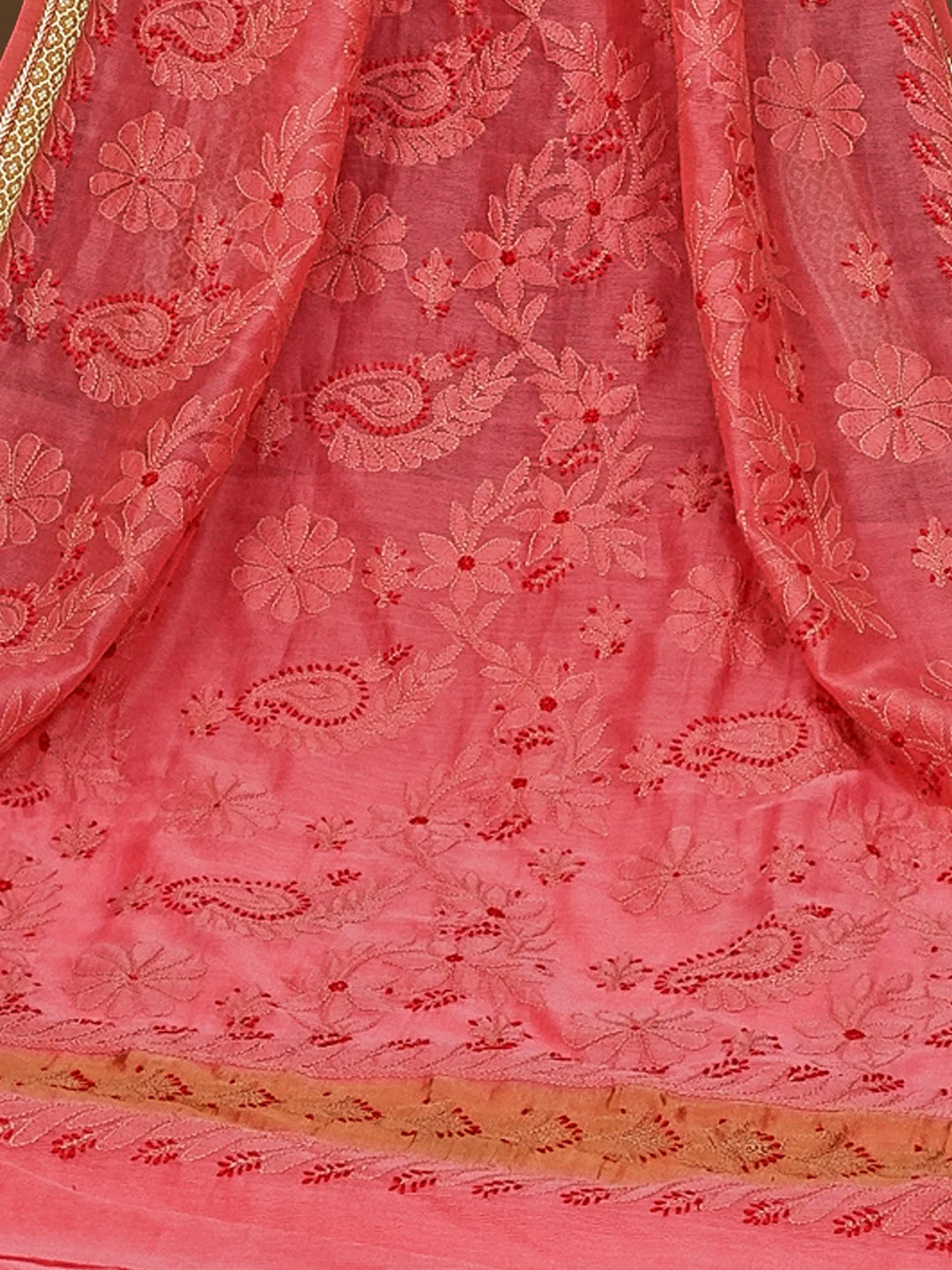 Ada Hand Embroidered Carrot Pink Kota Chanderi Lucknowi Chikankari Saree With Blouse 01A572802