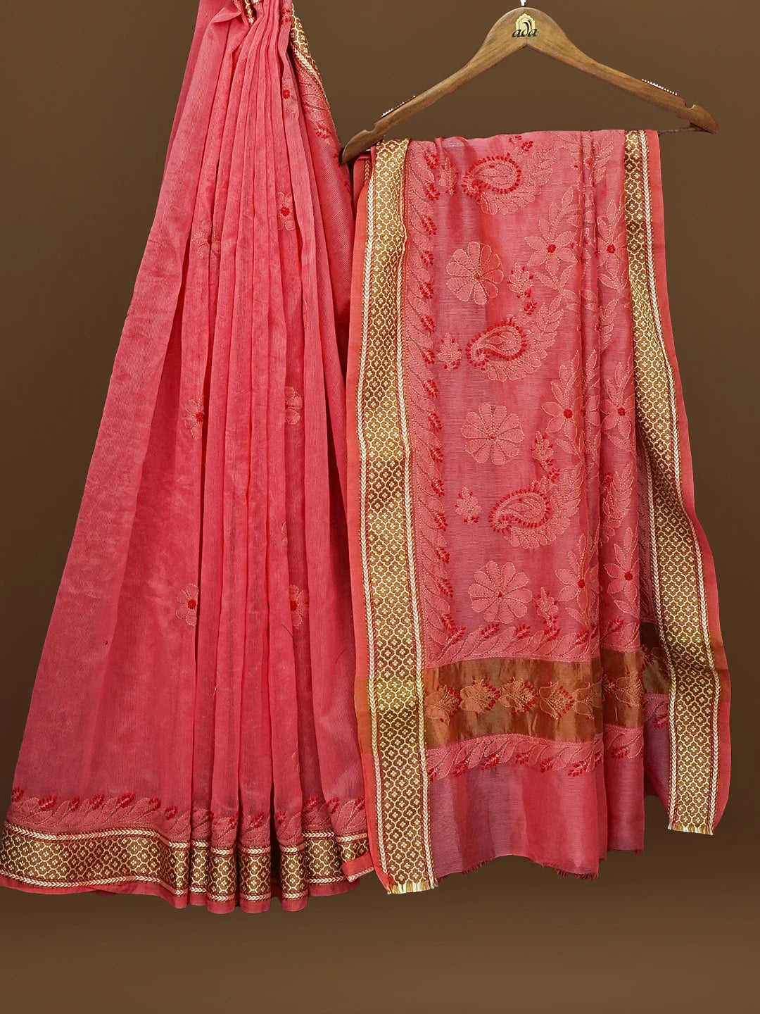 Ada Hand Embroidered Carrot Pink Kota Chanderi Lucknowi Chikankari Saree With Blouse 01A572802