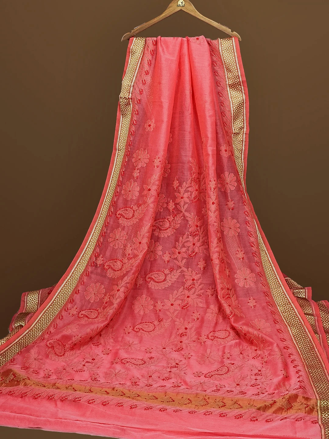 Ada Hand Embroidered Carrot Pink Kota Chanderi Lucknowi Chikankari Saree With Blouse 01A572802