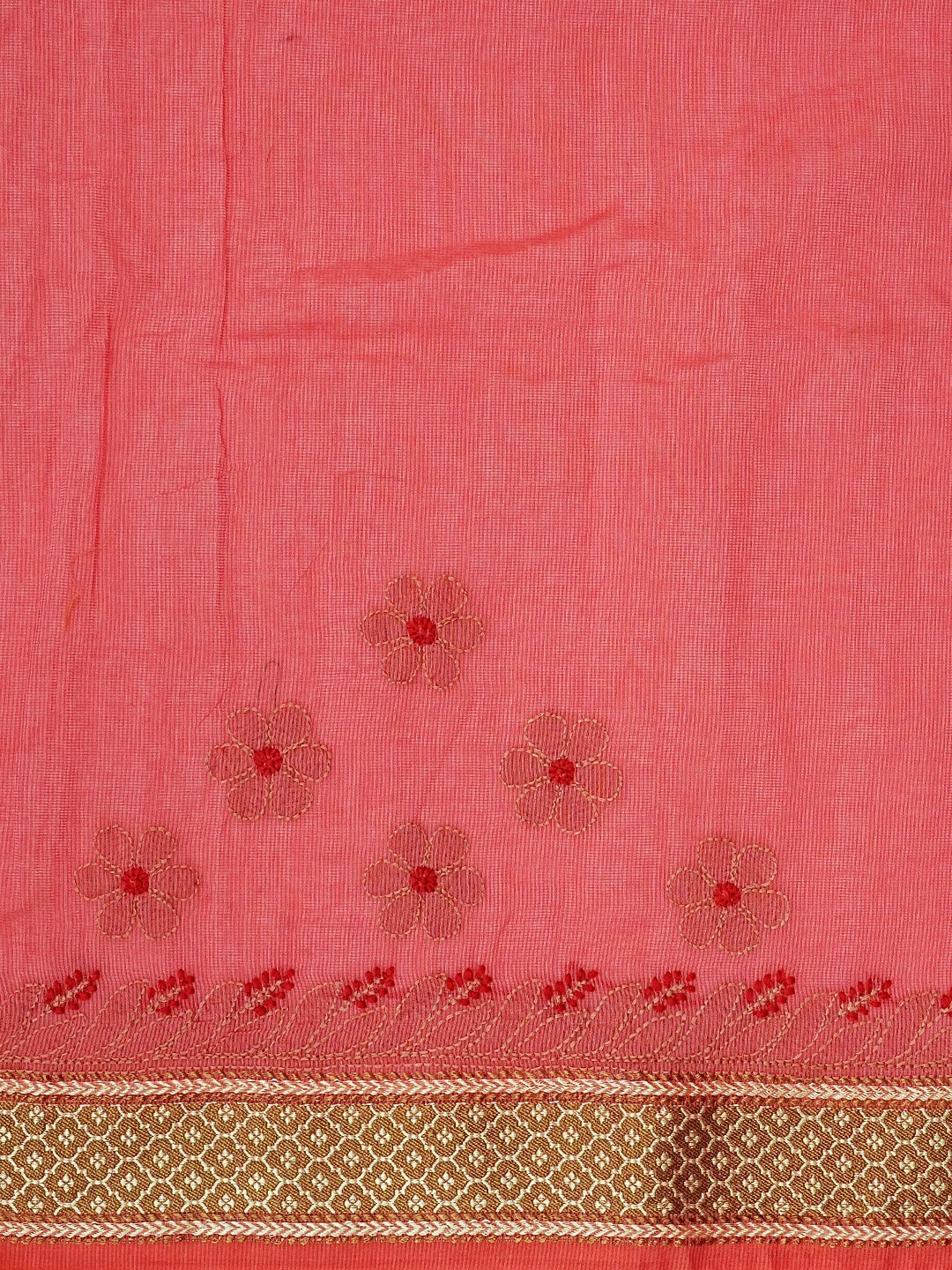 Ada Hand Embroidered Carrot Pink Kota Chanderi Lucknowi Chikankari Saree With Blouse 01A572802
