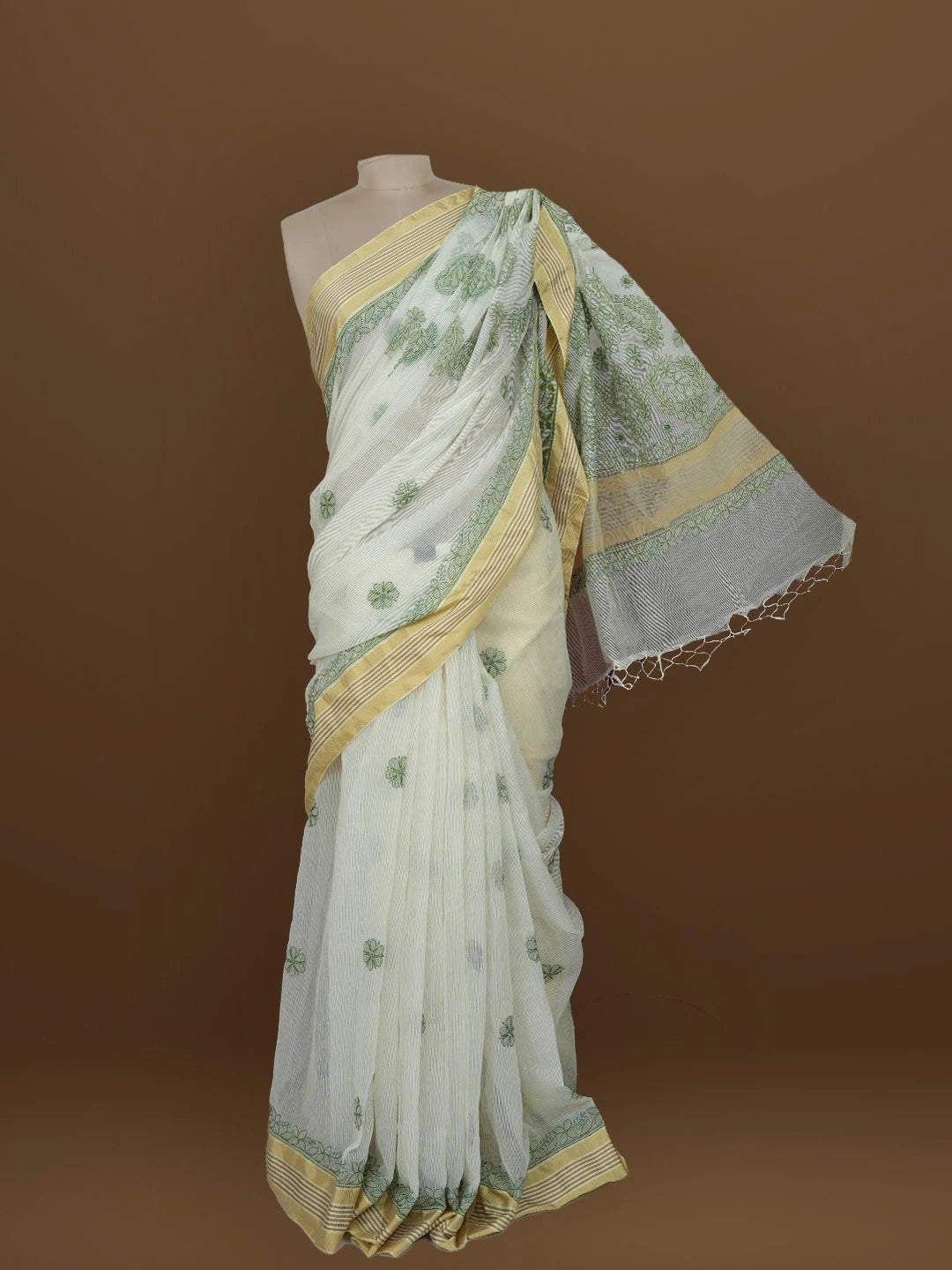 Ada Hand Embroidered Fawn Kota Chanderi Lucknowi Chikankari Saree With Blouse 01A572814
