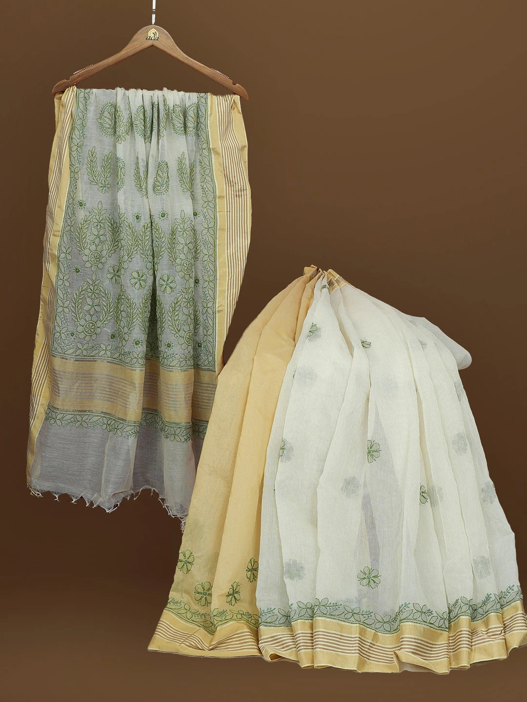 Ada Hand Embroidered Fawn Kota Chanderi Lucknowi Chikankari Saree With Blouse 01A572814