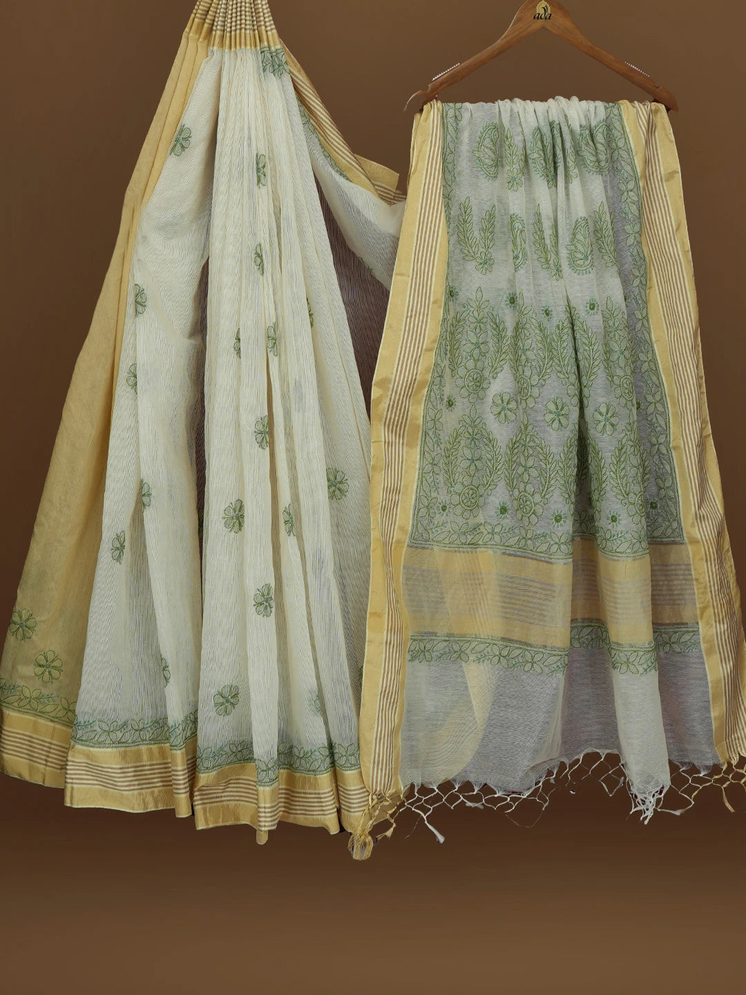Ada Hand Embroidered Fawn Kota Chanderi Lucknowi Chikankari Saree With Blouse 01A572814