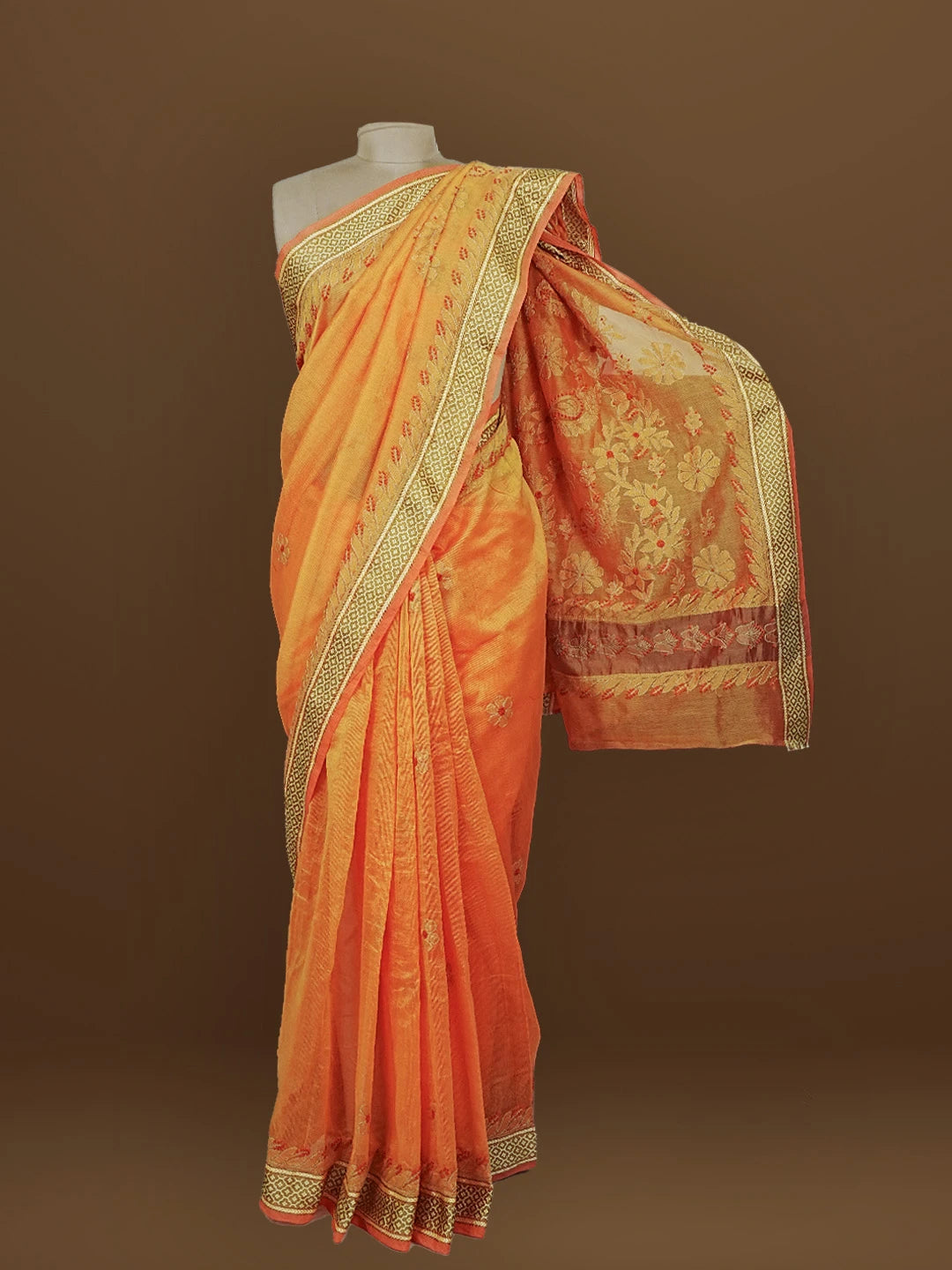 Ada Hand Embroidered Orange Kota Chanderi Lucknowi Chikankari Saree With Blouse 01A572792