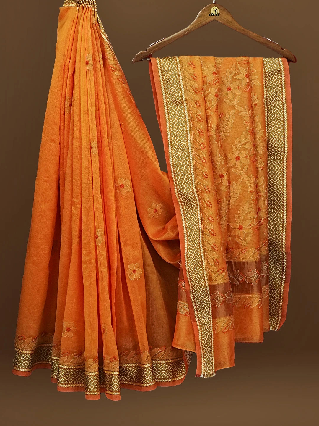 Ada Hand Embroidered Orange Kota Chanderi Lucknowi Chikankari Saree With Blouse 01A572792