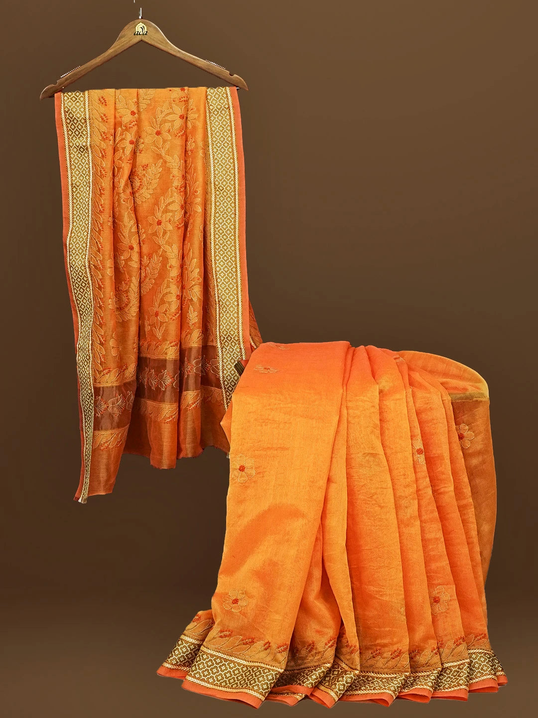 Ada Hand Embroidered Orange Kota Chanderi Lucknowi Chikankari Saree With Blouse 01A572792