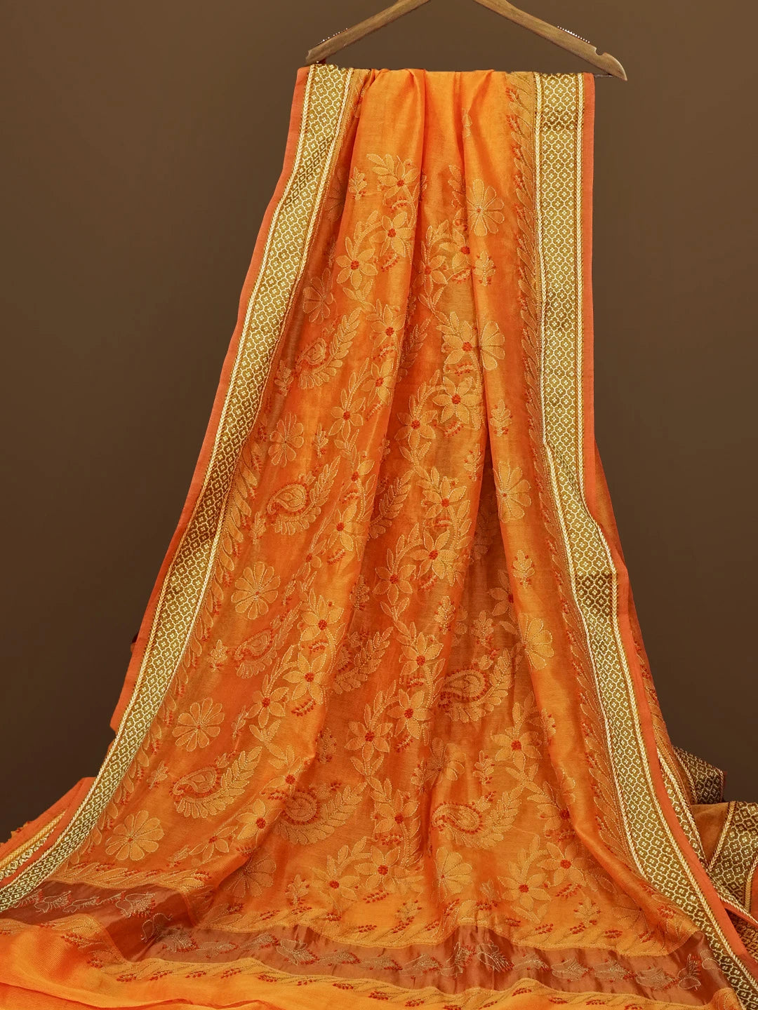 Ada Hand Embroidered Orange Kota Chanderi Lucknowi Chikankari Saree With Blouse 01A572792