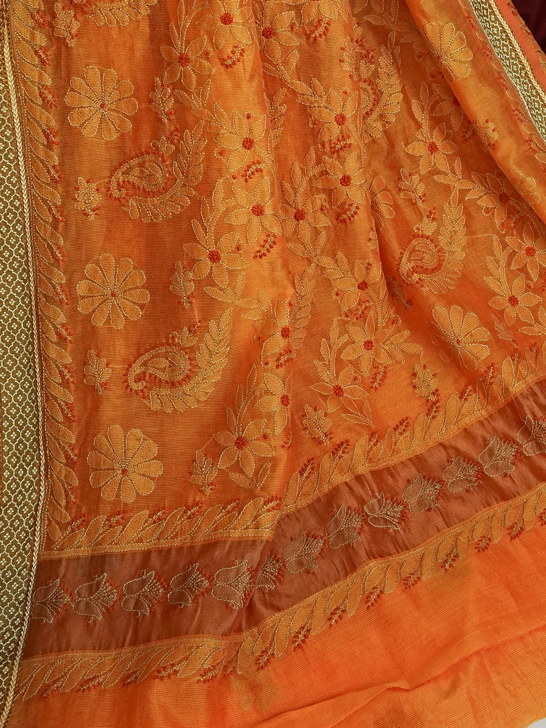 Ada Hand Embroidered Orange Kota Chanderi Lucknowi Chikankari Saree With Blouse 01A572792
