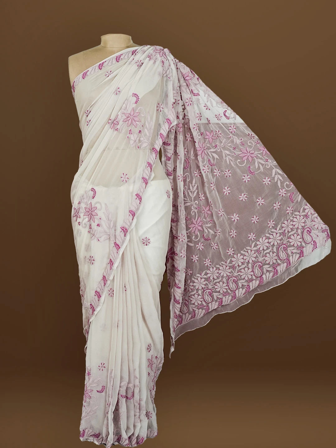 Ada Hand Embroidered Light Mauve Georgette Lucknowi Chikankari Saree With Blouse 01A573532
