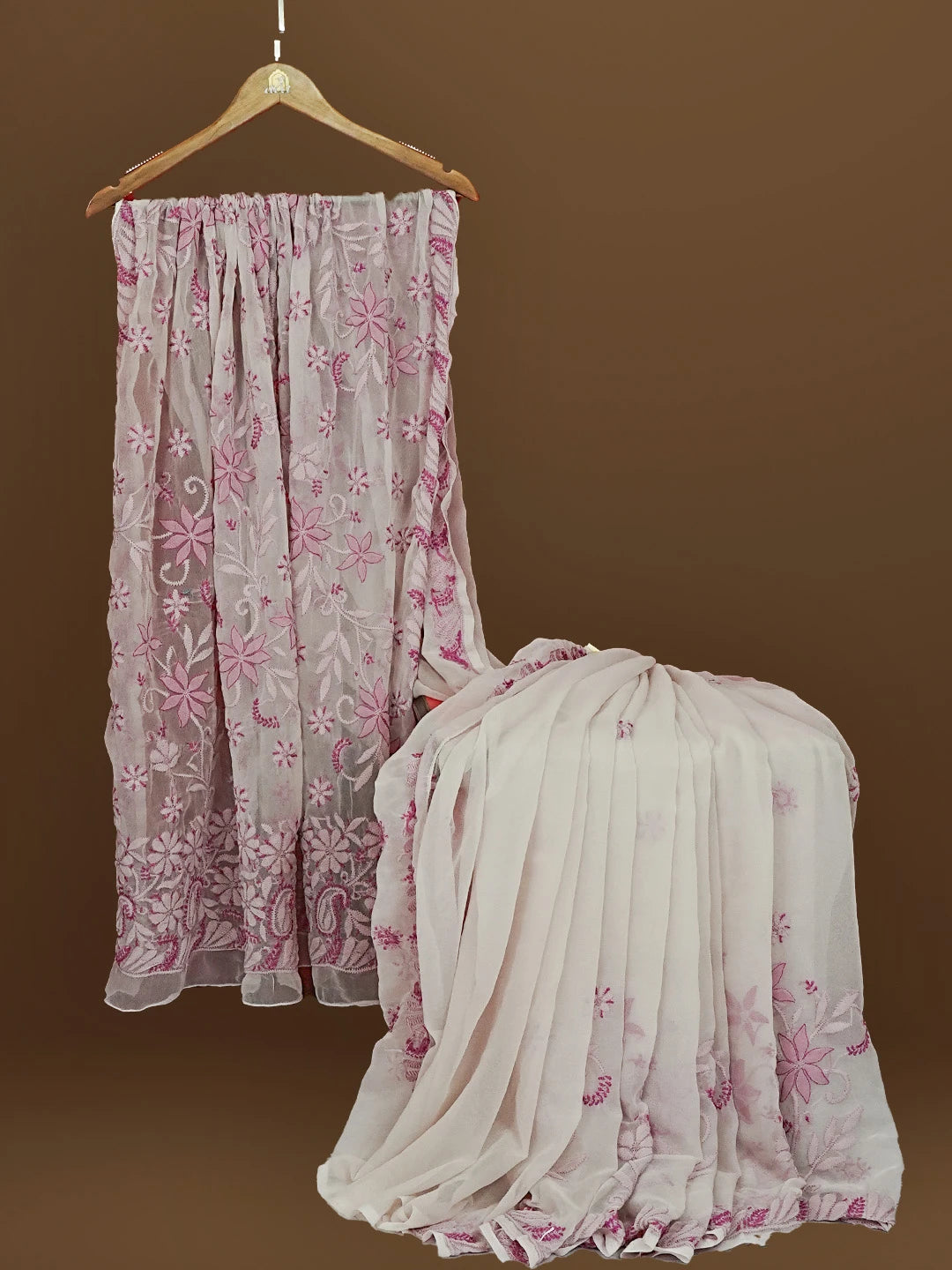 Ada Hand Embroidered Light Mauve Georgette Lucknowi Chikankari Saree With Blouse 01A573532