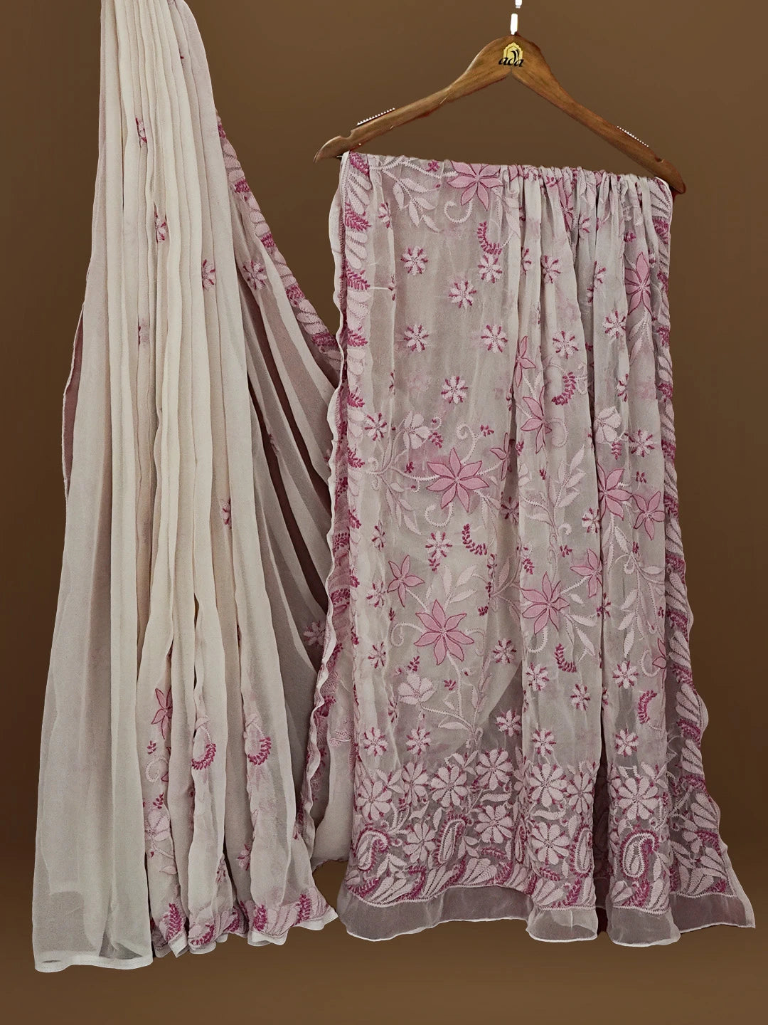 Ada Hand Embroidered Light Mauve Georgette Lucknowi Chikankari Saree With Blouse 01A573532