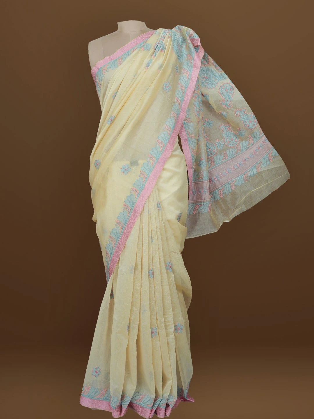 Ada Hand Embroidered Fawn Kota Chanderi Lucknowi Chikankari Saree With Blouse 01A572809