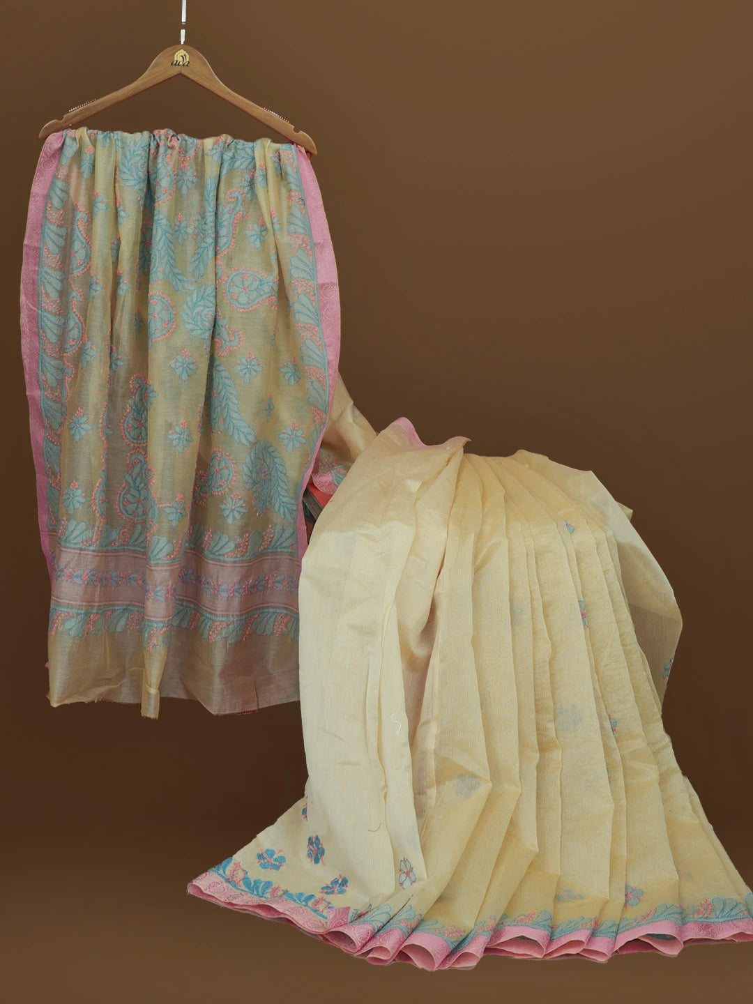 Ada Hand Embroidered Fawn Kota Chanderi Lucknowi Chikankari Saree With Blouse 01A572809