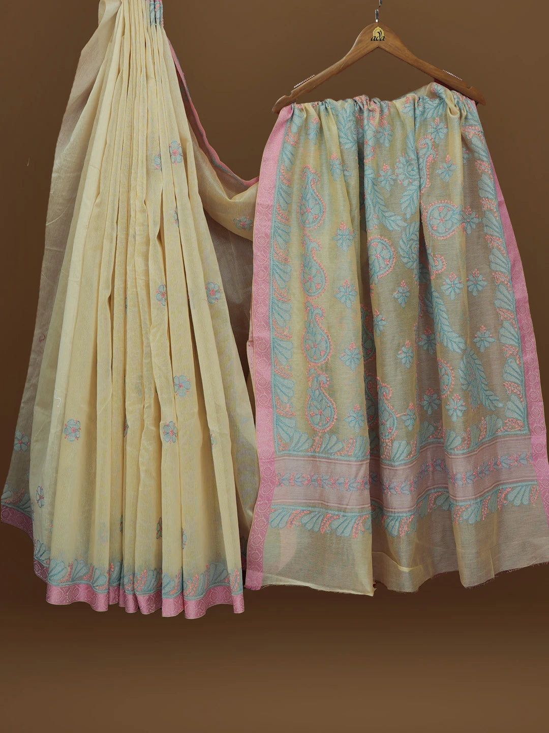 Ada Hand Embroidered Fawn Kota Chanderi Lucknowi Chikankari Saree With Blouse 01A572809