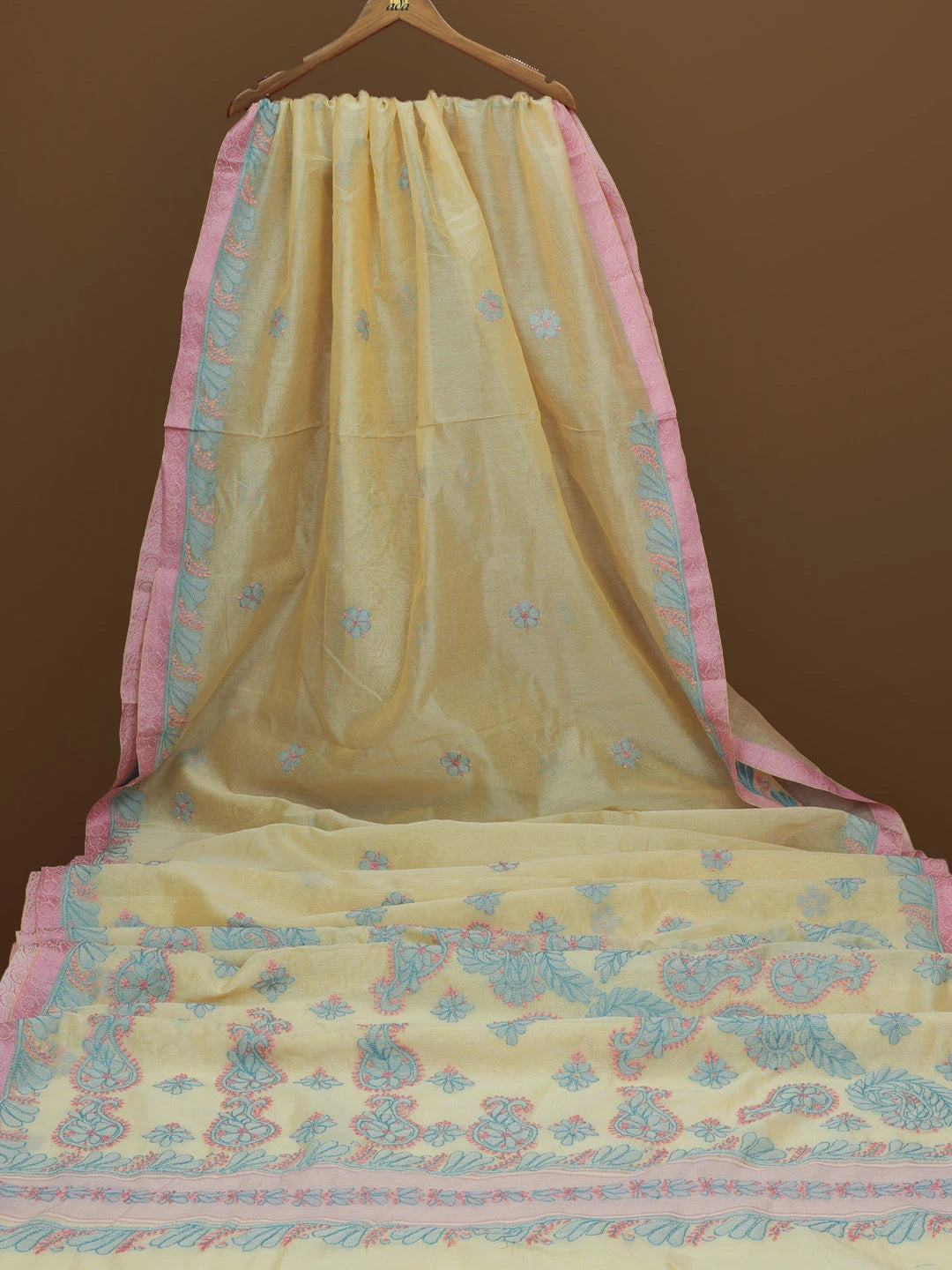 Ada Hand Embroidered Fawn Kota Chanderi Lucknowi Chikankari Saree With Blouse 01A572809