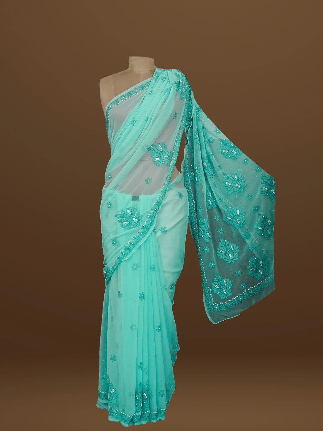 Ada Hand Embroidered Blue Turquoise Georgette Lucknowi Chikankari Saree With Blouse 01A573527