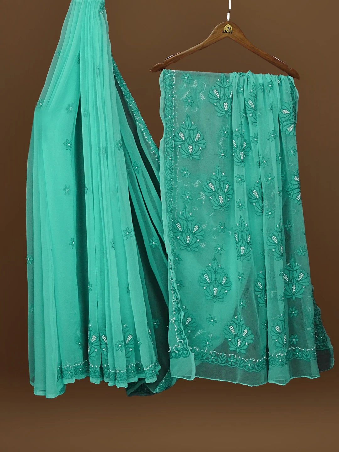 Ada Hand Embroidered Blue Turquoise Georgette Lucknowi Chikankari Saree With Blouse 01A573527