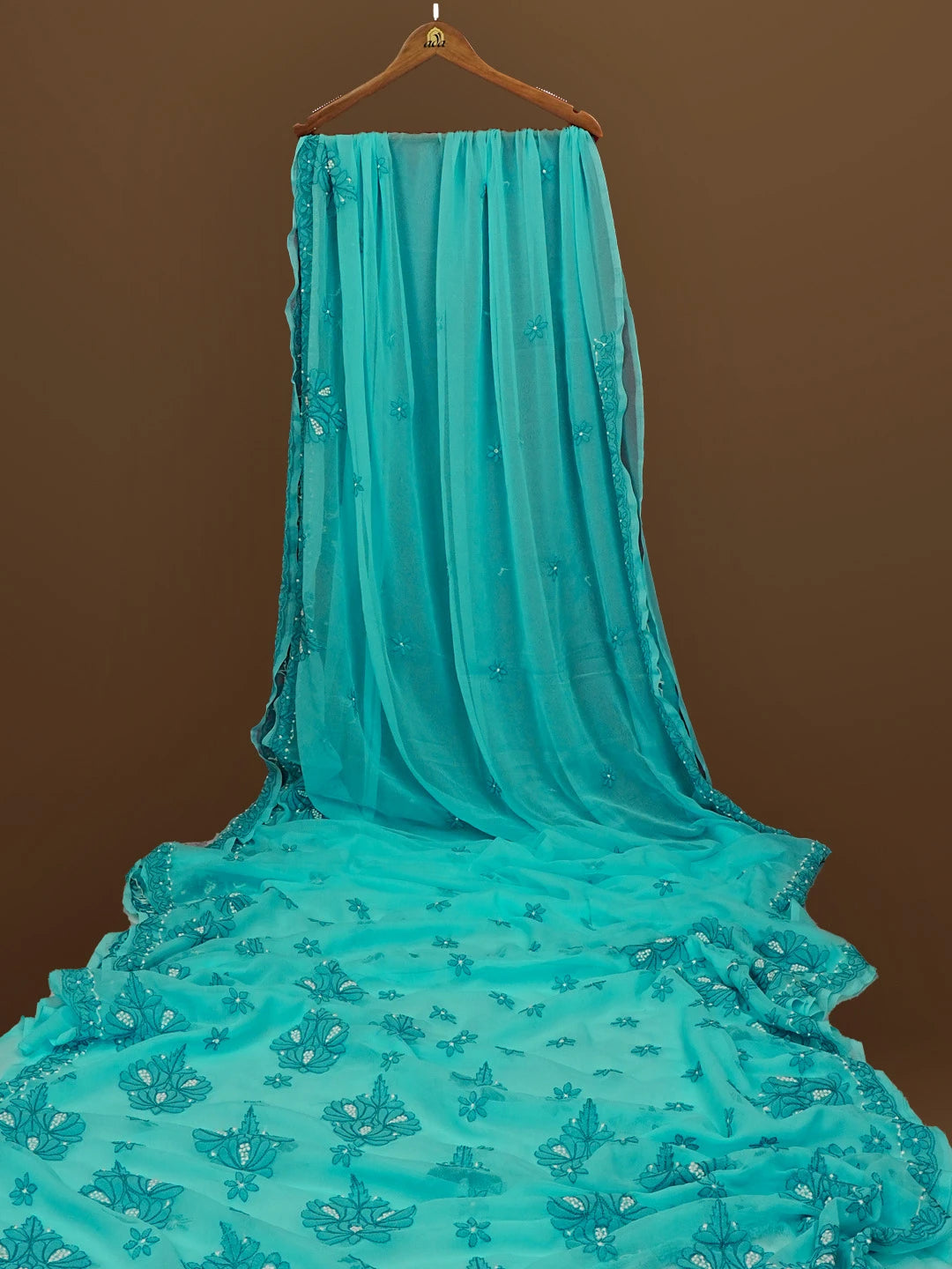 Ada Hand Embroidered Blue Turquoise Georgette Lucknowi Chikankari Saree With Blouse 01A573527