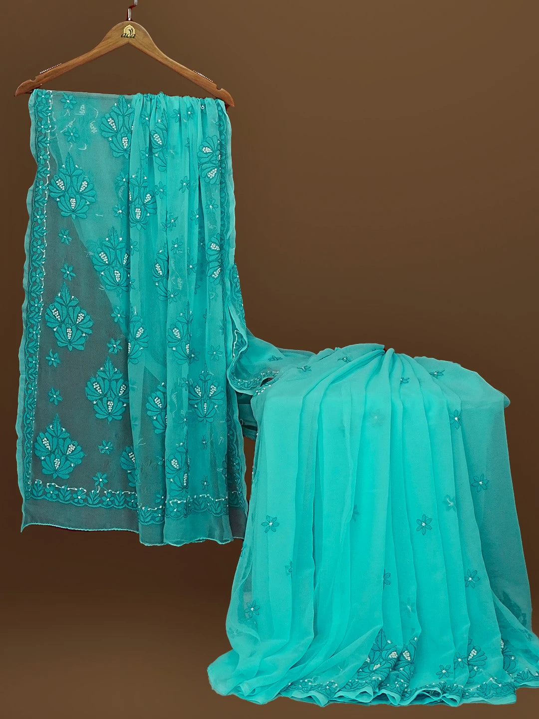Ada Hand Embroidered Blue Turquoise Georgette Lucknowi Chikankari Saree With Blouse 01A573527