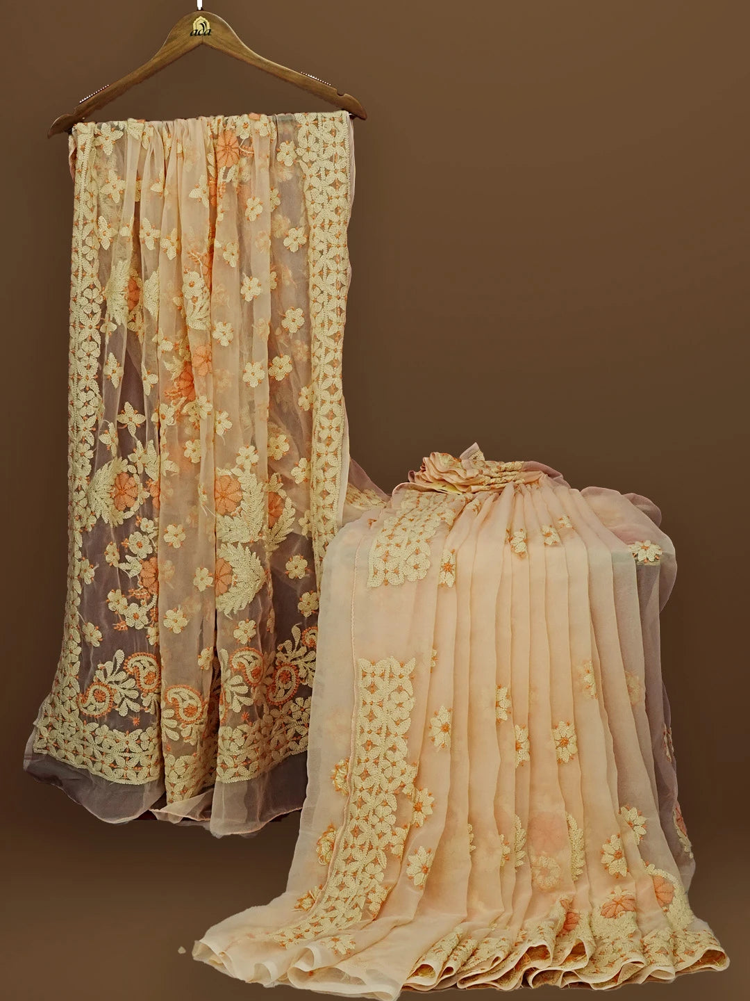 Ada Hand Embroidered Light Peach Georgette Lucknowi Chikankari Saree With Blouse 01A573546