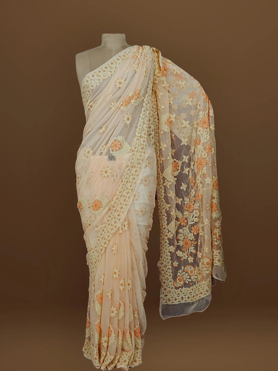 Ada Hand Embroidered Light Peach Georgette Lucknowi Chikankari Saree With Blouse 01A573546