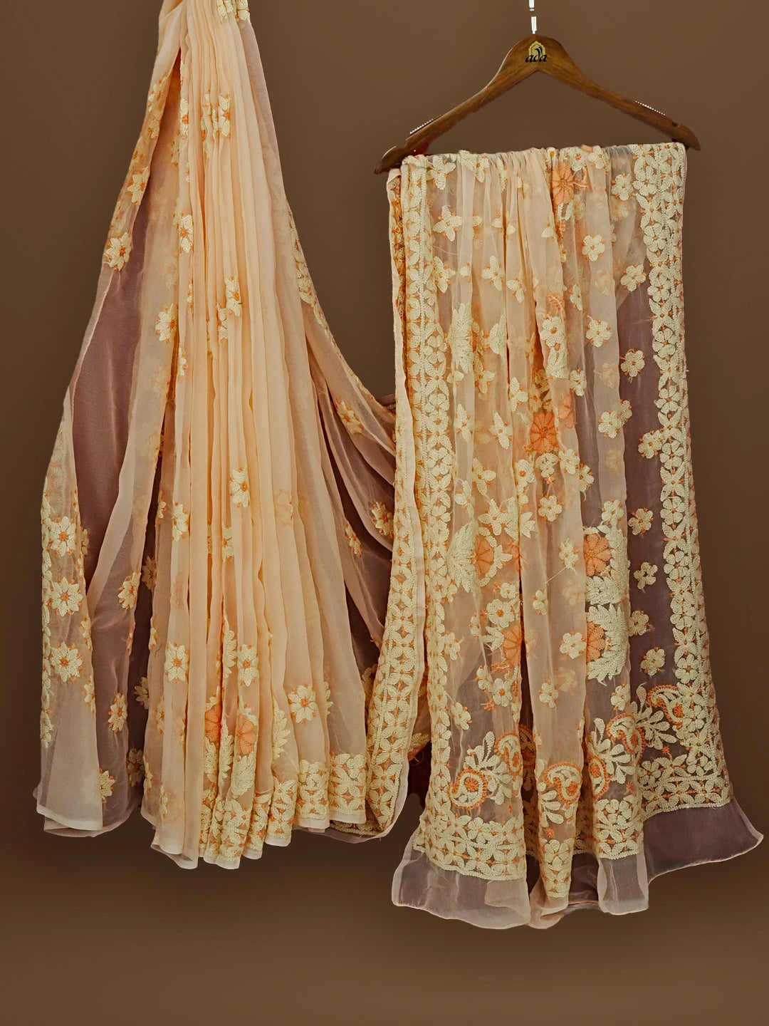 Ada Hand Embroidered Light Peach Georgette Lucknowi Chikankari Saree With Blouse 01A573546