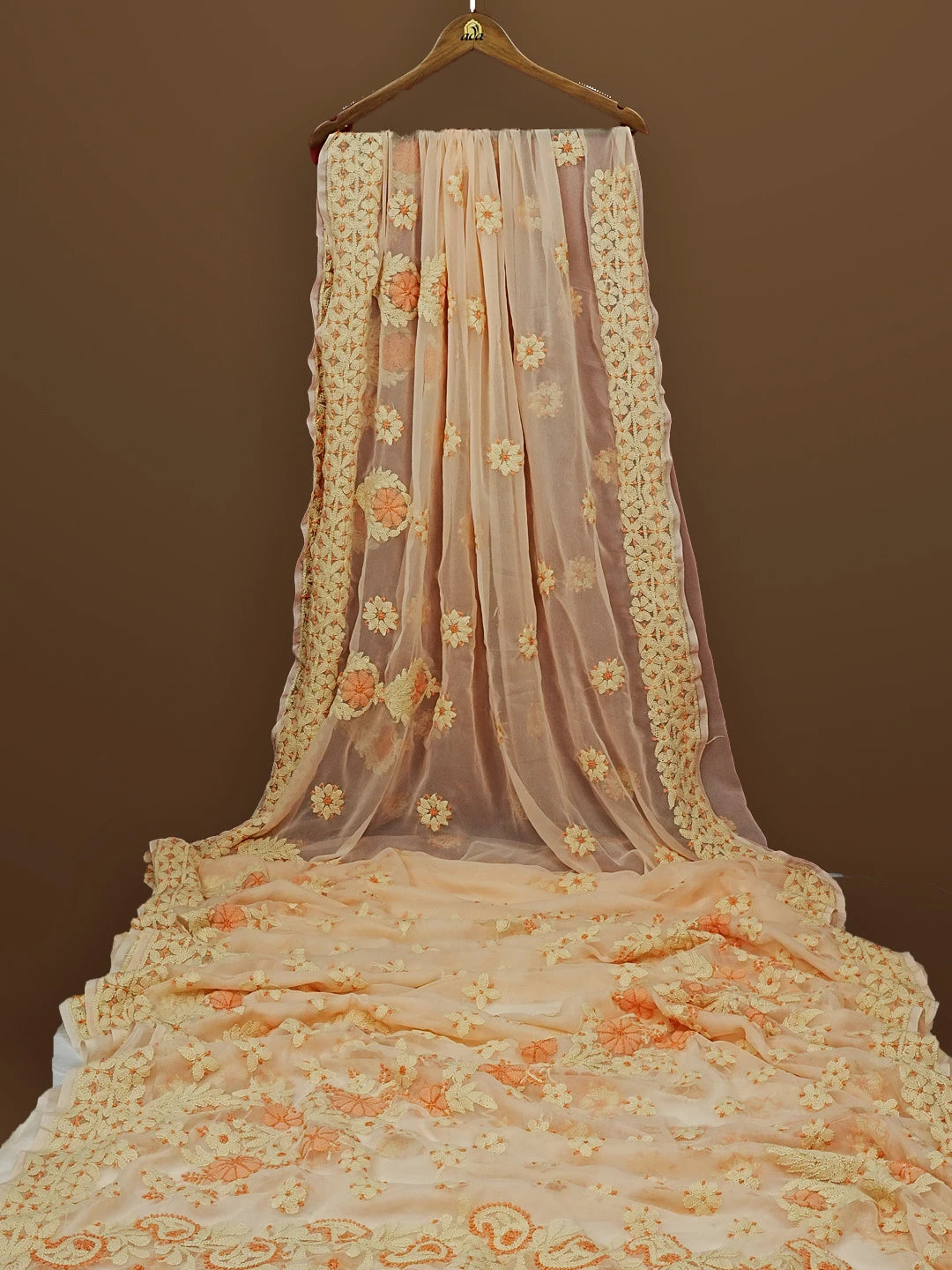 Ada Hand Embroidered Light Peach Georgette Lucknowi Chikankari Saree With Blouse 01A573546