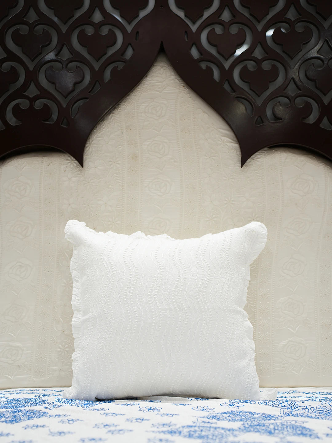 Ada Hand Embroidered White Cotton Lucknowi Chikankari Cushion Cover with Zari Work 01A502157