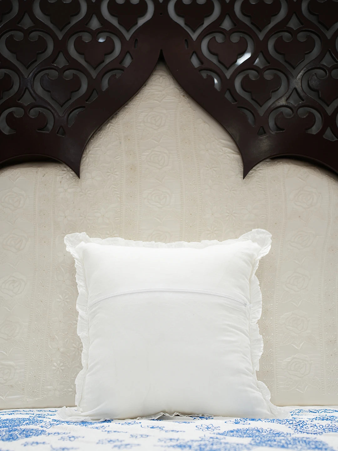 Ada Hand Embroidered White Cotton Lucknowi Chikankari Cushion Cover with Zari Work 01A502157