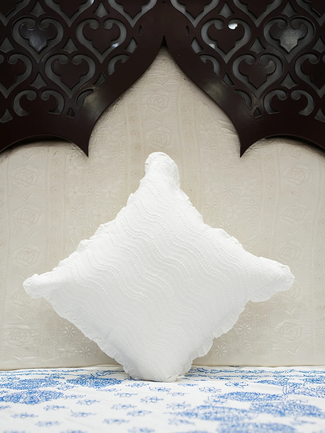 Ada Hand Embroidered White Cotton Lucknowi Chikankari Cushion Cover with Zari Work 01A502157