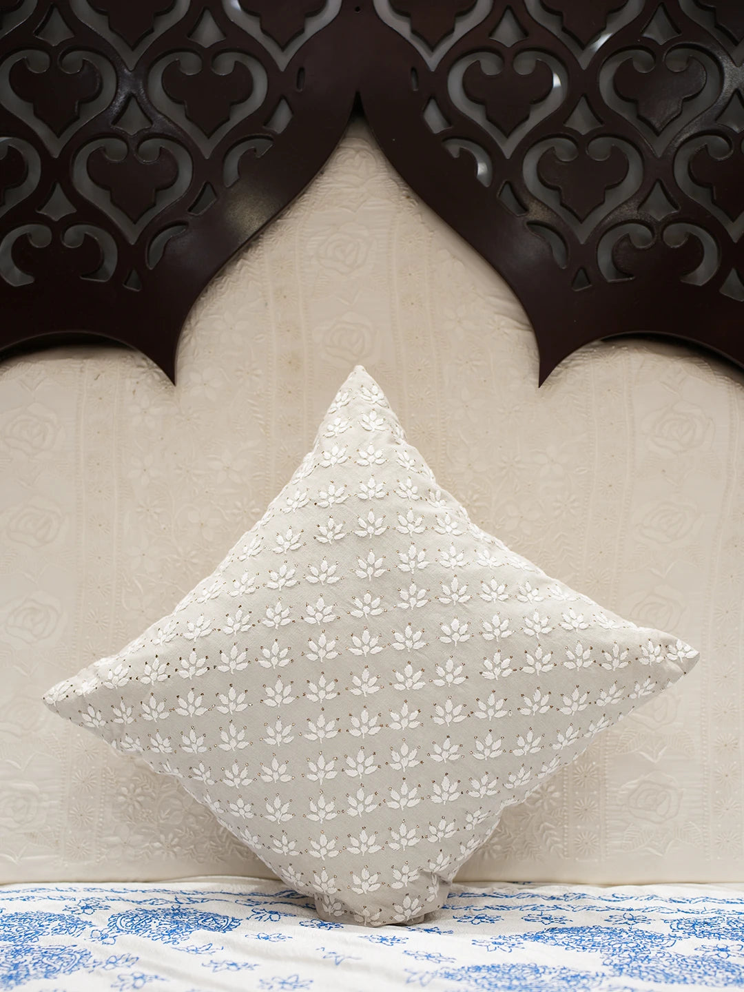 Ada Hand Embroidered Royal Beige Cotton Lucknowi Chikankari Cushion Cover With Muqaish Work 01A502058