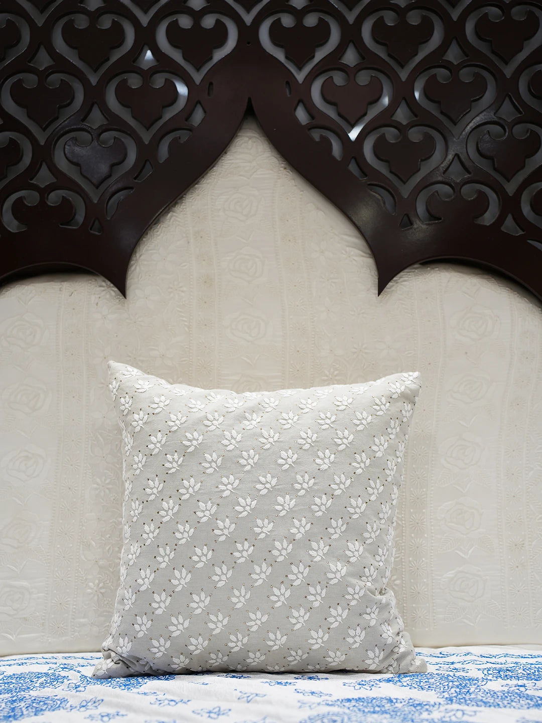 Ada Hand Embroidered Royal Beige Cotton Lucknowi Chikankari Cushion Cover With Muqaish Work 01A502058
