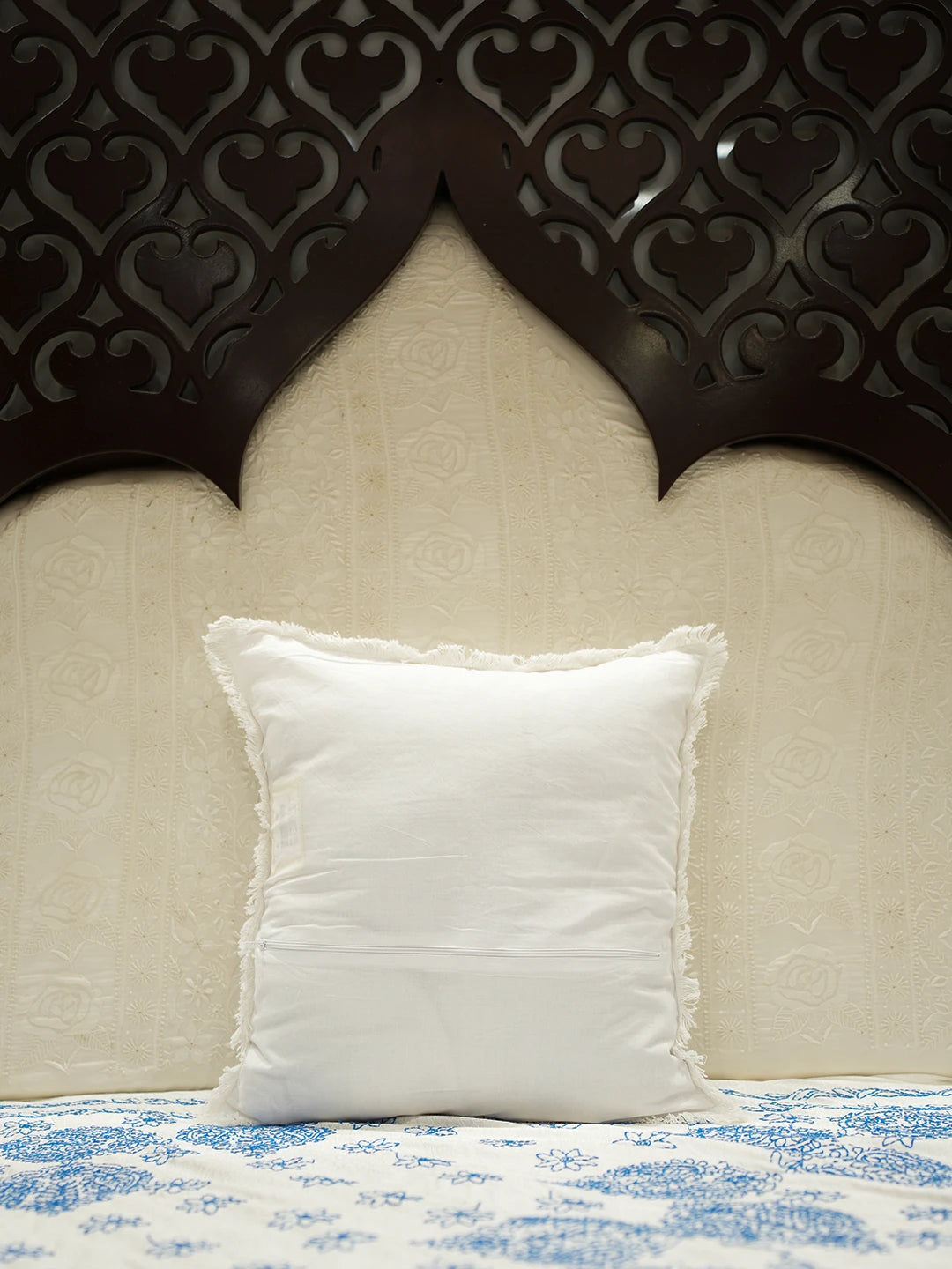 Ada Hand Embroidered White Cotton Lucknowi Chikankari Cushion Cover with Zari Work 01A500999
