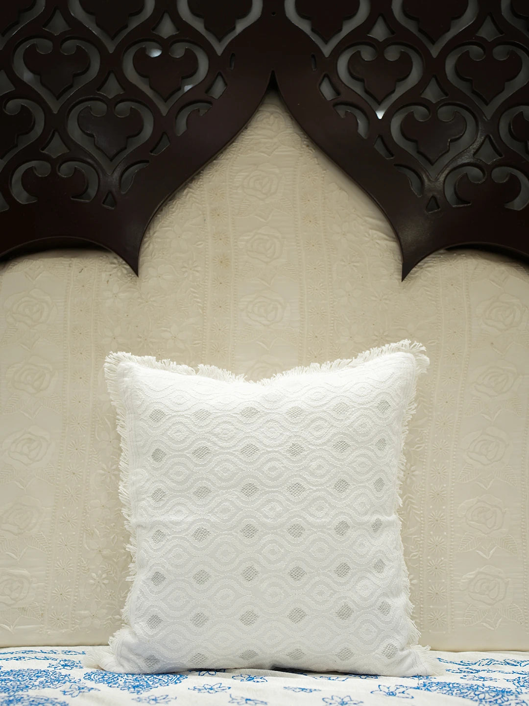 Ada Hand Embroidered White Cotton Lucknowi Chikankari Cushion Cover with Zari Work 01A500999