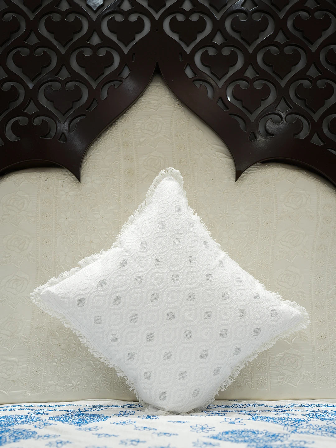 Ada Hand Embroidered White Cotton Lucknowi Chikankari Cushion Cover with Zari Work 01A500999