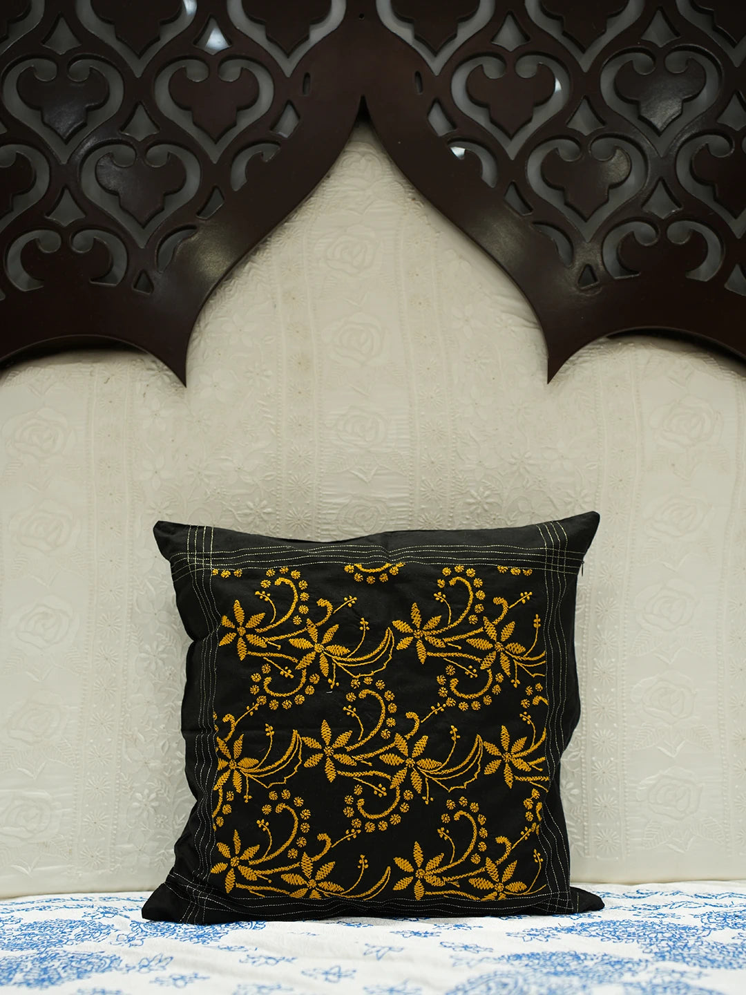 Ada Hand Embroidered Black Cotton Lucknowi Chikankari Cushion Cover With Zari Work 01A251404