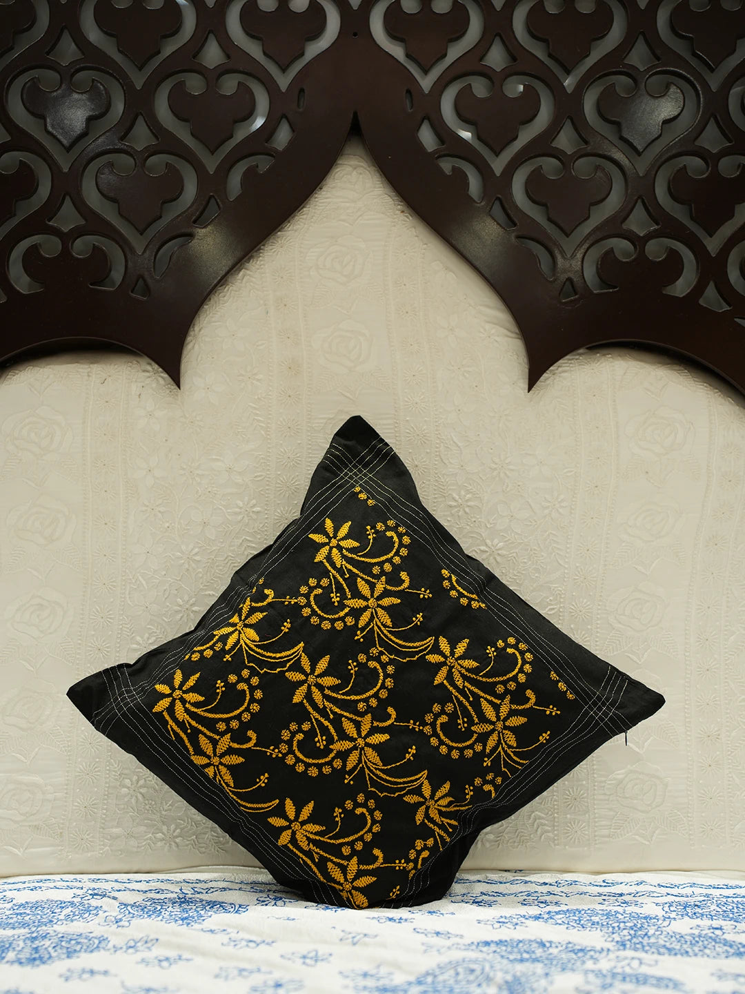 Ada Hand Embroidered Black Cotton Lucknowi Chikankari Cushion Cover With Zari Work 01A251404