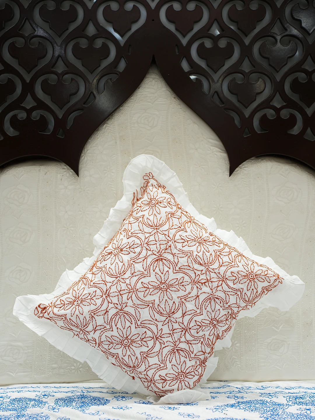 Ada Hand Embroidered White Cotton Lucknowi Chikankari Cushion Cover 01A505500