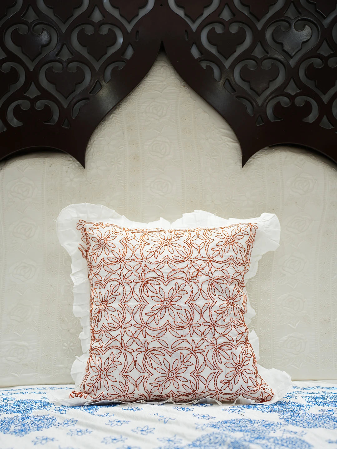 Ada Hand Embroidered White Cotton Lucknowi Chikankari Cushion Cover 01A505500