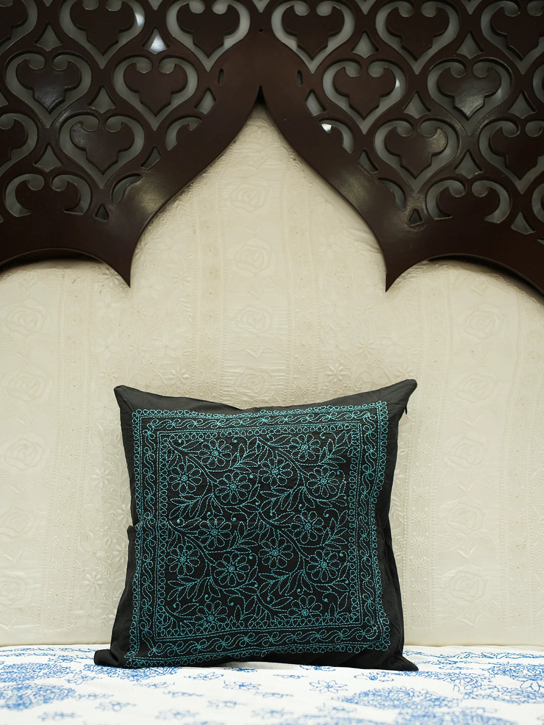 Ada Hand Embroidered Black Cotton Lucknowi Chikankari Cushion Cover 01A449726