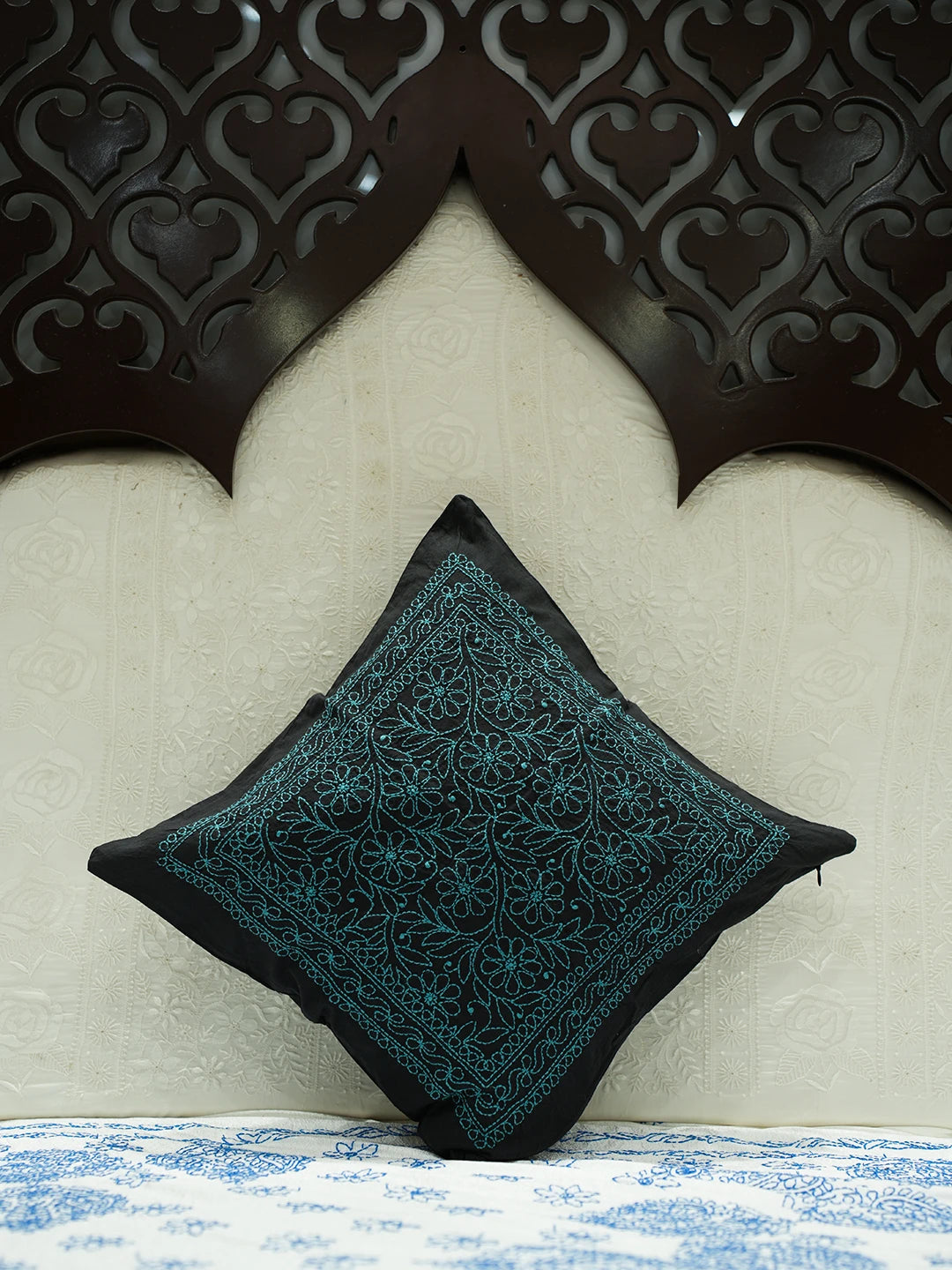 Ada Hand Embroidered Black Cotton Lucknowi Chikankari Cushion Cover 01A449726